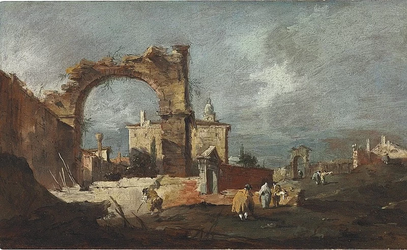 Un capriccio con un arco in rovina e figure
